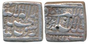 Akbar, Silver Square Rupee, 11.11g, Ahmedabad Mint, AH 995, Kalima type, (KM 82.1). Very F