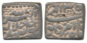 Akbar, Silver Square Rupee, 11.32g, Delhi Mint, Ilahi type, Month Amardard, Year 35 (KM 88