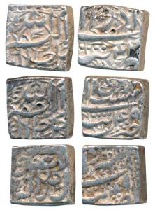Akbar, Silver Square Rupee (3), Tatta Mint, Ilahi type, Month Azar, Year 42; Mihr, Year 49