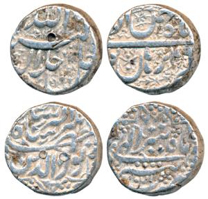 Akbar, Silver Rupee, Burhanpur Mint, Ilahi type, Month Bahman, Year 49; Jahangir, Tatta Mi