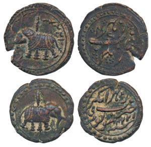 Tipu Sultan, Copper Paisa (2), Nagar Mint, Persian Alif and date AM 1224 on obv.; the seco