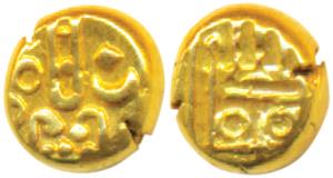 Nawab of Arcot, Gold Kali Fanam, 0.34g, ’Tuticorin’ style imitating Sriranga Raya design, 