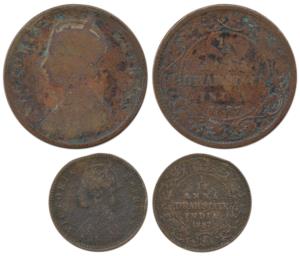 Copper ¼ and 1/12 Anna, with the name and portrait of Victoria, Calcutta Mint, 1887 (KM 13