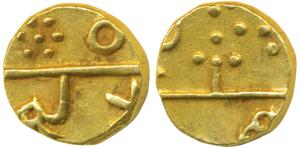 Gold 2/3 Mohur, 7.5g, New Chandori Series, Udaipur Mint, 1842-1830 AD (KM 6). Extremely Fi
