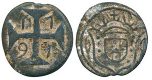 Diu, Maria I (1777-1816 AD), Tin 20 Bazarucos, 13.36g, 1799 AD, obv. crowned arms, rev. da