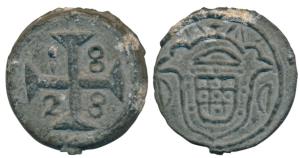 Diu, Pedro IV, Zinc 20 Bazarucos, 19.55g, 1828 AD, obv. crowned arms, rev. date within cro