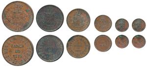 Goa, Colonial Issues, Copper Set of 6, 60 Reis or Tanga, 30 Reis or ½ Tanga, 15 Reis or ¼ 