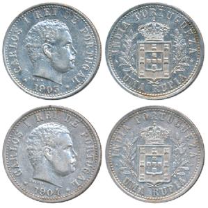 Goa, Carlos I, Silver Uma Rupia / Rupee (2), 1903 and 1904 (KM 17). The first About Uncirc