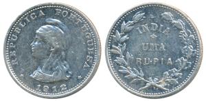 Silver Uma Rupia / Rupee, obv. liberty head to left, 1912 AD, the digit 2 in the date re-e