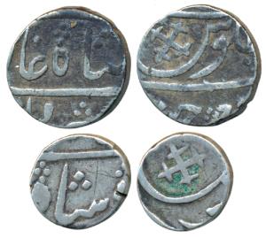 Broach Mint, Silver Rupee and ½, with a cross in the seen of julus, in the name of Shah Al