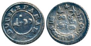 Silver Double or 2 Fanams, 1.76g, 2nd issue, 1808, oblique milling, Square buckled garter 