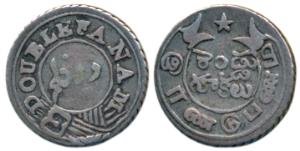 Silver Double or 2 Fanams, 1.73g, 2nd issue, 1808, oblique milling, buckled garter on obv.