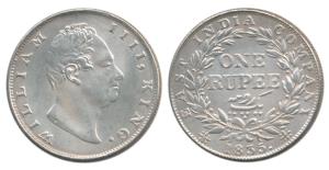 William IV, Silver Rupee, 1835, Calcutta Mint, Dug out ‘F’ incuse, A / III, Bud leaves, 19