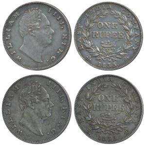 William IV, Silver Rupee, 1835, Bombay Mint, F incuse, A / I, Two Leaves, 19 Berries; No i