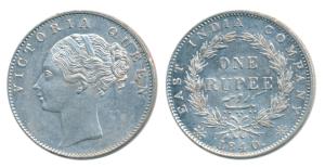 Victoria Queen, Silver Rupee, 1840, Continuous legend, Calcutta Mint, Indian Head, 35 Berr