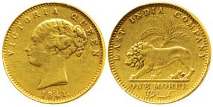 Victoria Queen, Gold Mohur, 11.52g, 1841, Continuous legend, without initial on truncation
