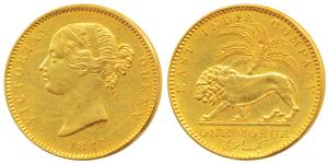 Victoria Queen, Gold Mohur, 11.60g, 1841, Divided legend, WW incused on truncation (KM 462