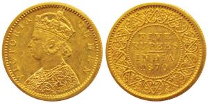 Victoria Queen, Gold Rupees 5, 1870 (Prid 37, KM 476). Mint State, Proof Restrike, Very Ra