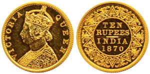 Victoria Empress, Gold Rupees 10, 1870, (Prid 29, KM 479). Superb Mint State, Proof Restri