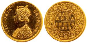 Victoria Empress, Gold ½ Anna, 19.50g, 1878, Off Metal Strike in Gold, Mule, obv. crowned 