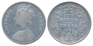 Victoria Queen, Silver Rupee, 1862, A / II / 0 / 9 dot (Prid 92). Fine+, Very Rare.