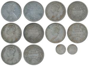 Victoria Queen and Empress, Silver Rupee (5), 1862 (with and without dot variety), 1877 an
