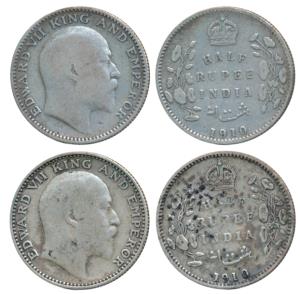 Edward VII, Silver ½ Rupee (2), 1910, Bombay and Calcutta Mints (Prid 314). Fine+. (2)