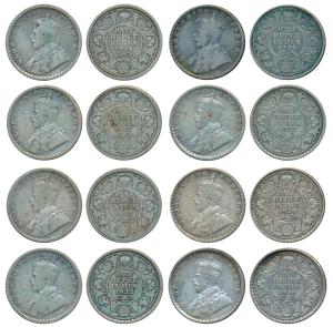 George V, Silver ½ Rupee (8), All different dates 1914, 1917, 1918, 1922, 1924, 1927, 1928
