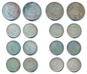 George VI, Half Silver ½ Rupee (2), 1940 and 1945, Half Silver ¼ Rupee (6), 1940 (2), 1942