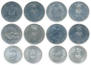 Silver Rupees 10 (3), 1969 Gandhiji Birth Centennial; 1970 Food for All; 1972 25th Anniver