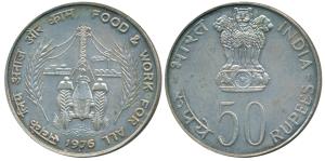 Silver Rupees 50, 1975, Food and Work For All. Uncirculated in Mint state.