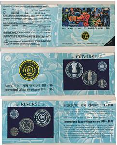 1994 Proof Set, World of work, set of 3, Rupees 5 to 100. In immaculate condition, within 