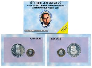 2009 Proof Set, Homi Bhabha Birth Centenary, set of Rupees 10 (bi-metal) and 100. In immac