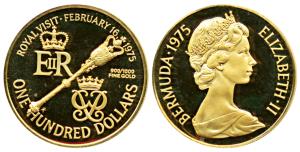 Bermuda, Elizabeth II, Gold $100, 7g, 1975, Royal Visit, the sceptre divides monograms on 