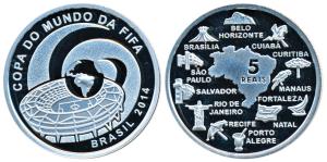 Brazil, Silver 5 Reais, 27g, 2014, official commemorative coin of the FIFA world cup, 2014