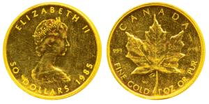 Canada, Elizabeth II, Gold $50, 1oz, 31.1g, 1985, Maple leaf, 9999 on rev. Uncirculated.