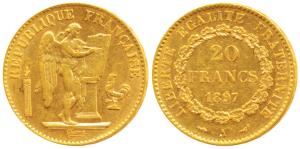 France, Gold 20 Francs, 6.44g, 1897A, obv. standing winged Genius writing the constitution