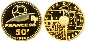 France, Gold 50 Francs, 8.45g, 1996, World class Soccer. Proof, within original box of iss