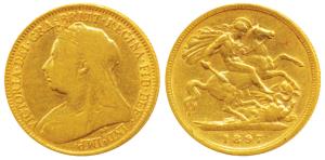 Great Britain, Victoria Queen, Gold ½ Sovereign, 4g, 1897, veiled head, St. George slaying