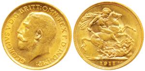 Great Britain, George V, Gold Sovereign, 8g, 1911 (KM 525A). About Extremely Fine.
