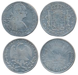 Mexico, Silver 8 Reales (2), Carlos IV, 1808, Mexico City; the second 1844, Guanajuato Min