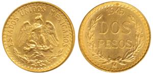 Mexico, Gold Dos or 2 Pesos, 1.68g, 1945, eagle holding a snake in its beak (KM). Fine.
