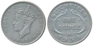 Seychelles, King George VI, Half Silver Rupees, 11.66g, 1939, (KM 4). Very Fine+, Rare.