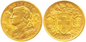 Switzerland, Gold 20 Francs, 6.5g, Bern Mint, draped bust of Helvetia to left and the Swis