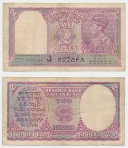 George VI, Rupees 2, 1944, signed C. D. Deshmukh, serial number includes 786 in the center