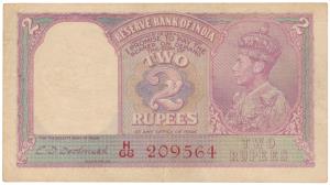 George VI, Rupees 2, 1944, signed C. D. Deshmukh, red serial number, (J&R 2.3). Very Fine+