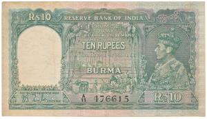 Burma, George VI, Rupees 10, 1938, signed J. B. Taylor, green colour (J&R 5.5.1). Very Fin
