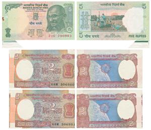 Rupees 2 (2), Error, unevenly cut hence extra margin; Rupee 5, signed Bimal Jalan, extra p