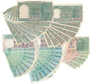 Rupees 5 complete set of 40 notes, with different dates and signatures of all varieties (J