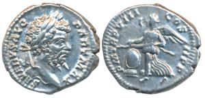 Roman, Septimius Severus, Silver Denarius, 3.5g, obv. laureate head to right with legend S